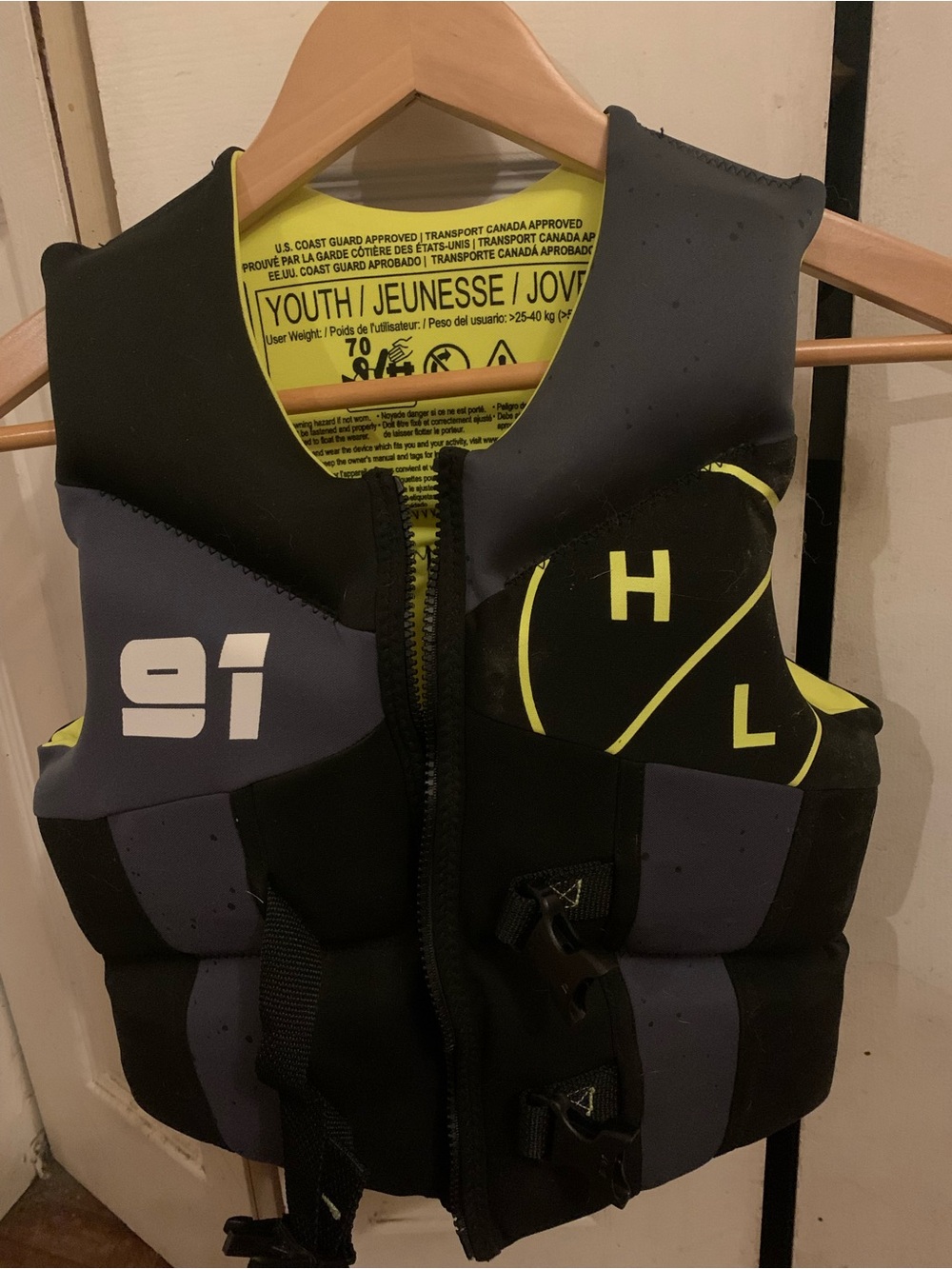 Youth Black and Gray Life Vest with Neon Yellow Accents - H L Logo